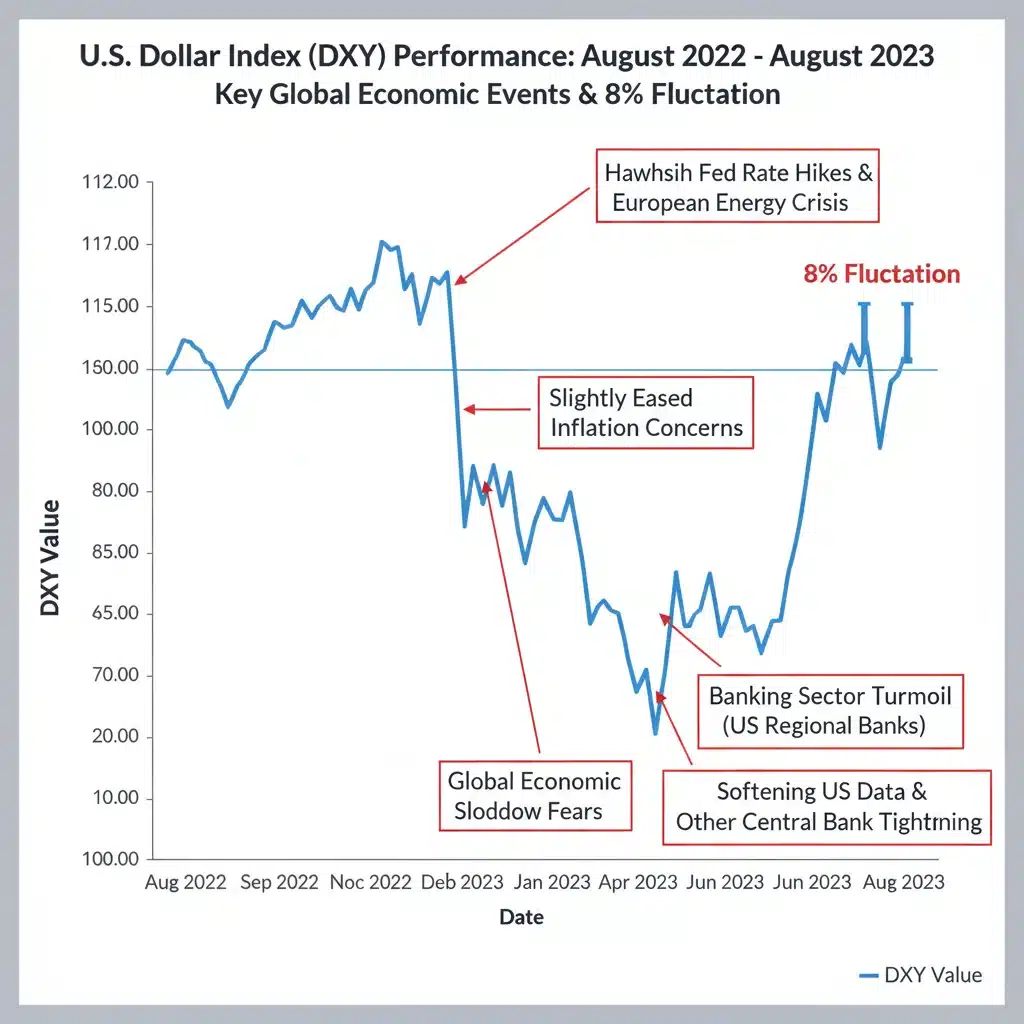 U.S. Dollar Index (DXY) historical chart showing 8% fluctuation and economic event annotations.