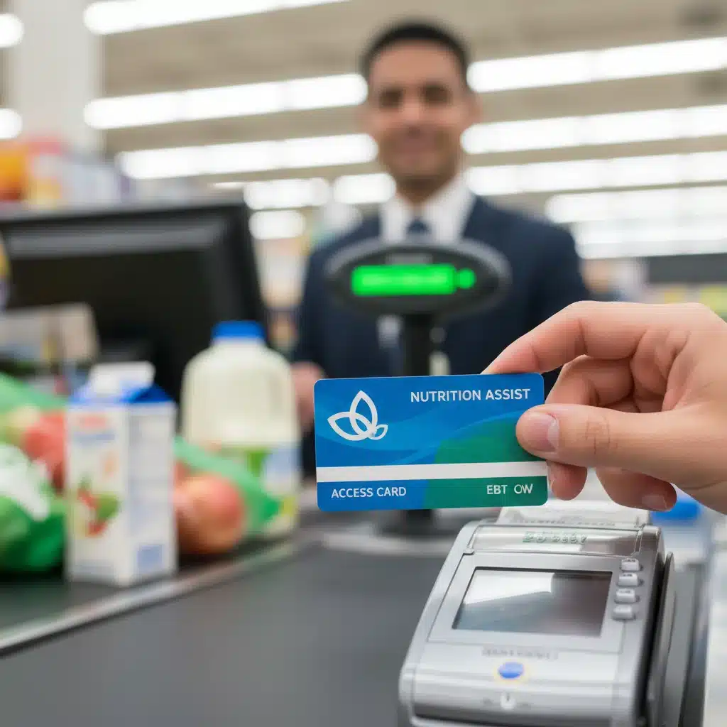 Person using an EBT card at a grocery store checkout, illustrating the process of redeeming food benefits.