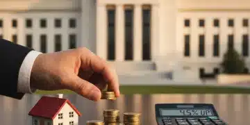 Hand placing coins near house and calculator, symbolizing Fed rate hike impact on personal finance.