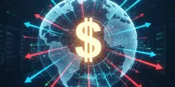 Global economic data flowing with U.S. dollar sign, representing currency fluctuation and investment impact.