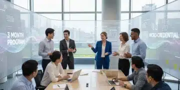 Adults learning together in a modern classroom, symbolizing micro-credentials and rapid skill development.