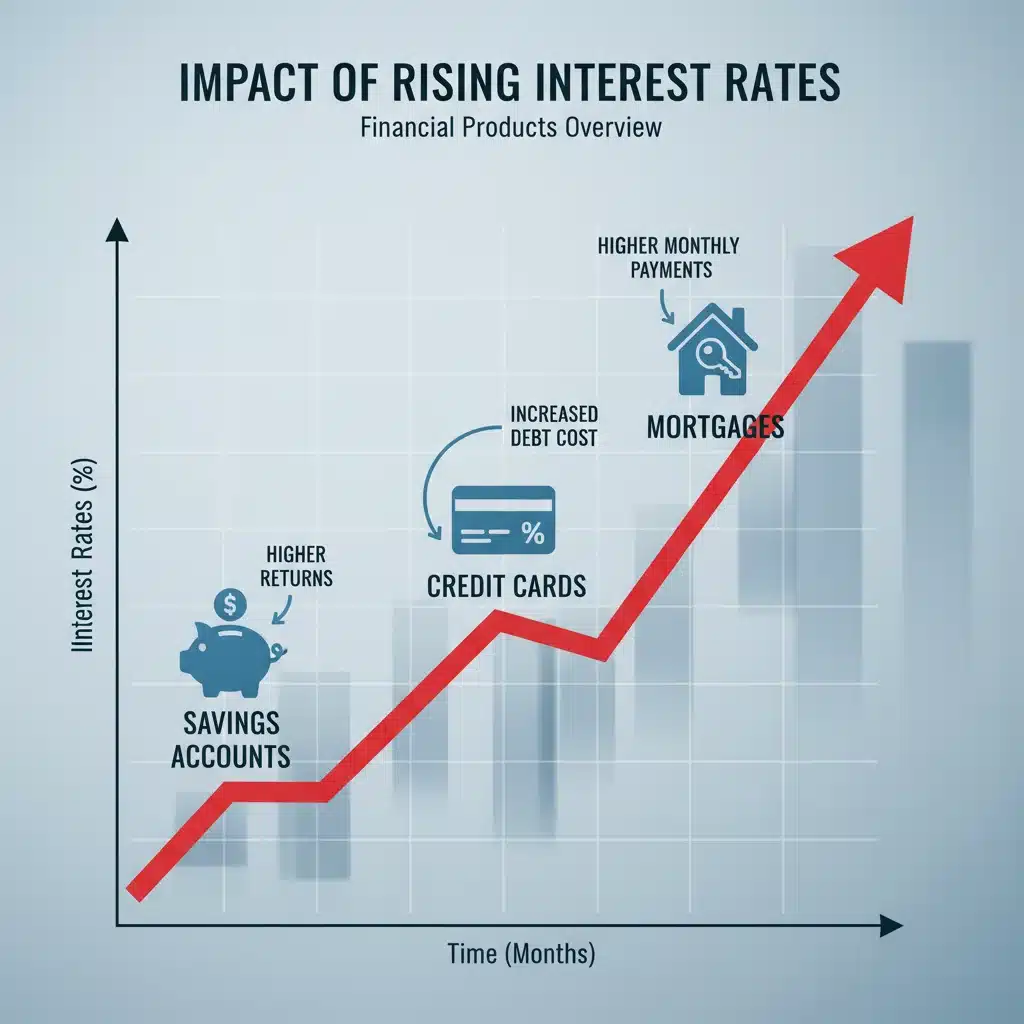 Graph showing rising interest rates affecting savings, credit cards, and mortgages.