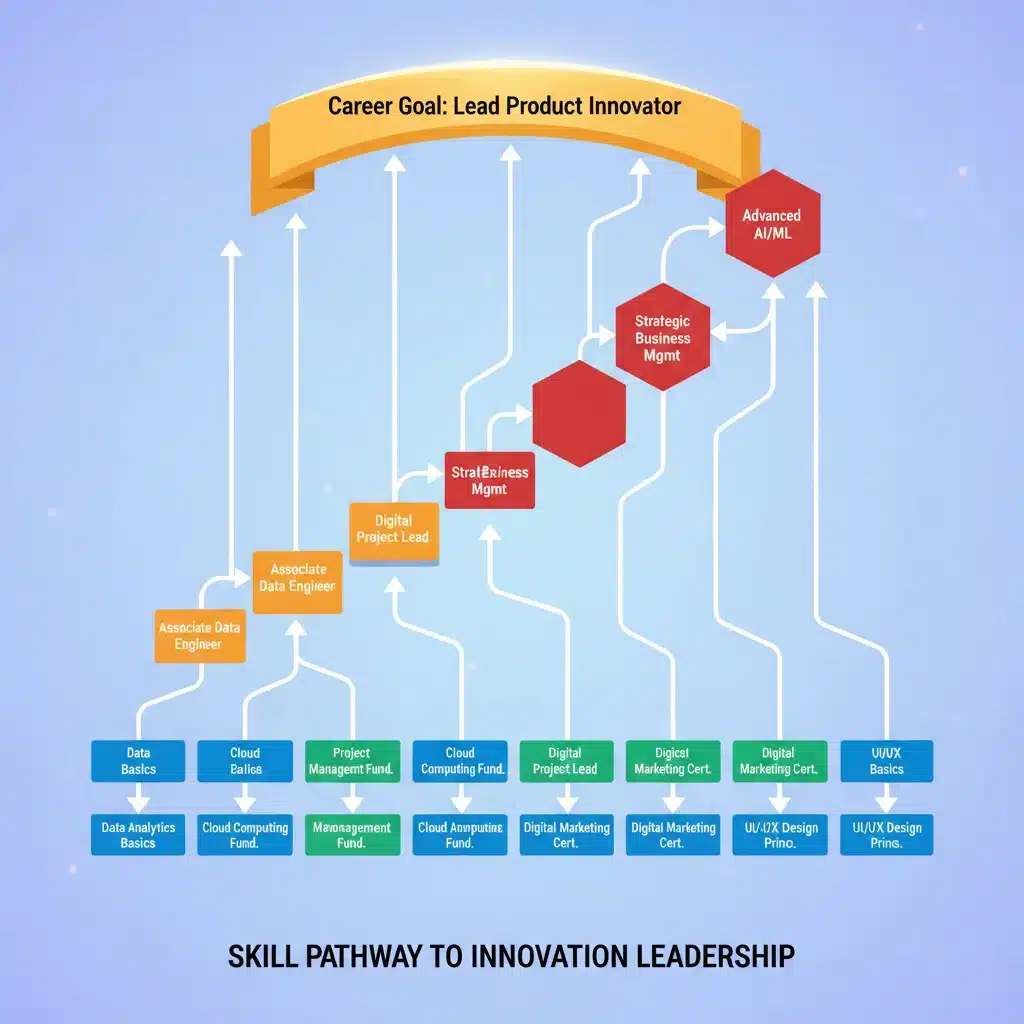 Infographic showing a career pathway built with stacked micro-credentials, representing skill progression.