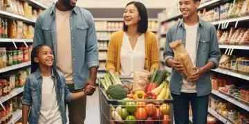 Smiling family with full grocery cart, representing access to food through SNAP benefits in 2026.