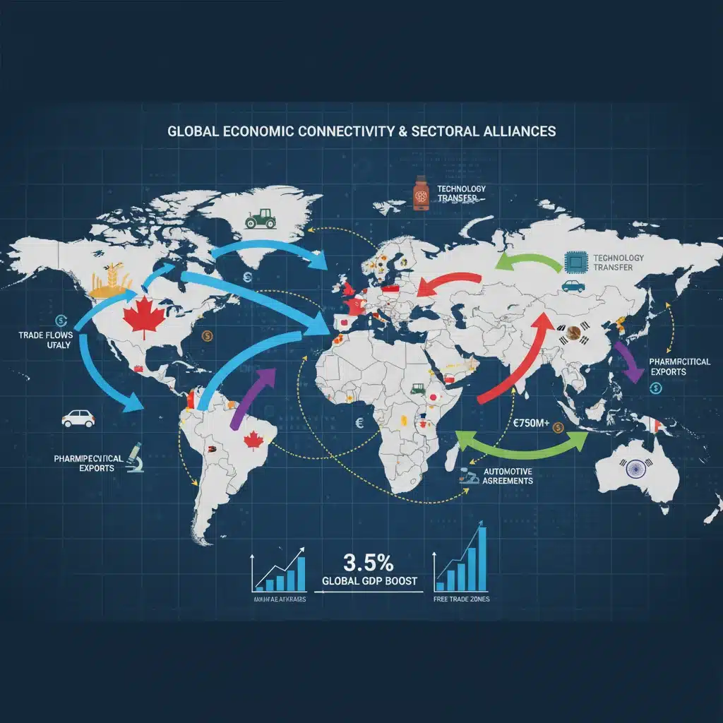 Infographic illustrating complex trade routes and economic impacts across various industries.