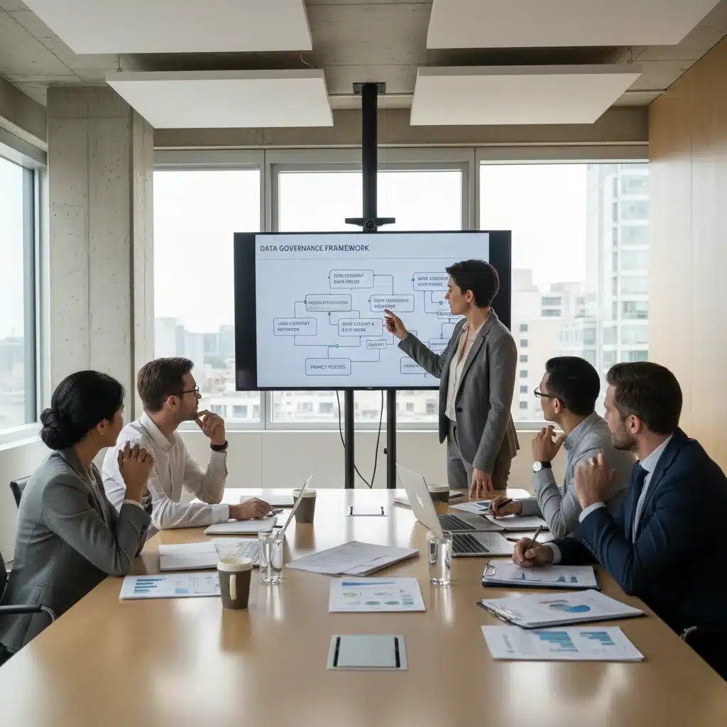 Business team collaborating on data governance and privacy policy implementation.