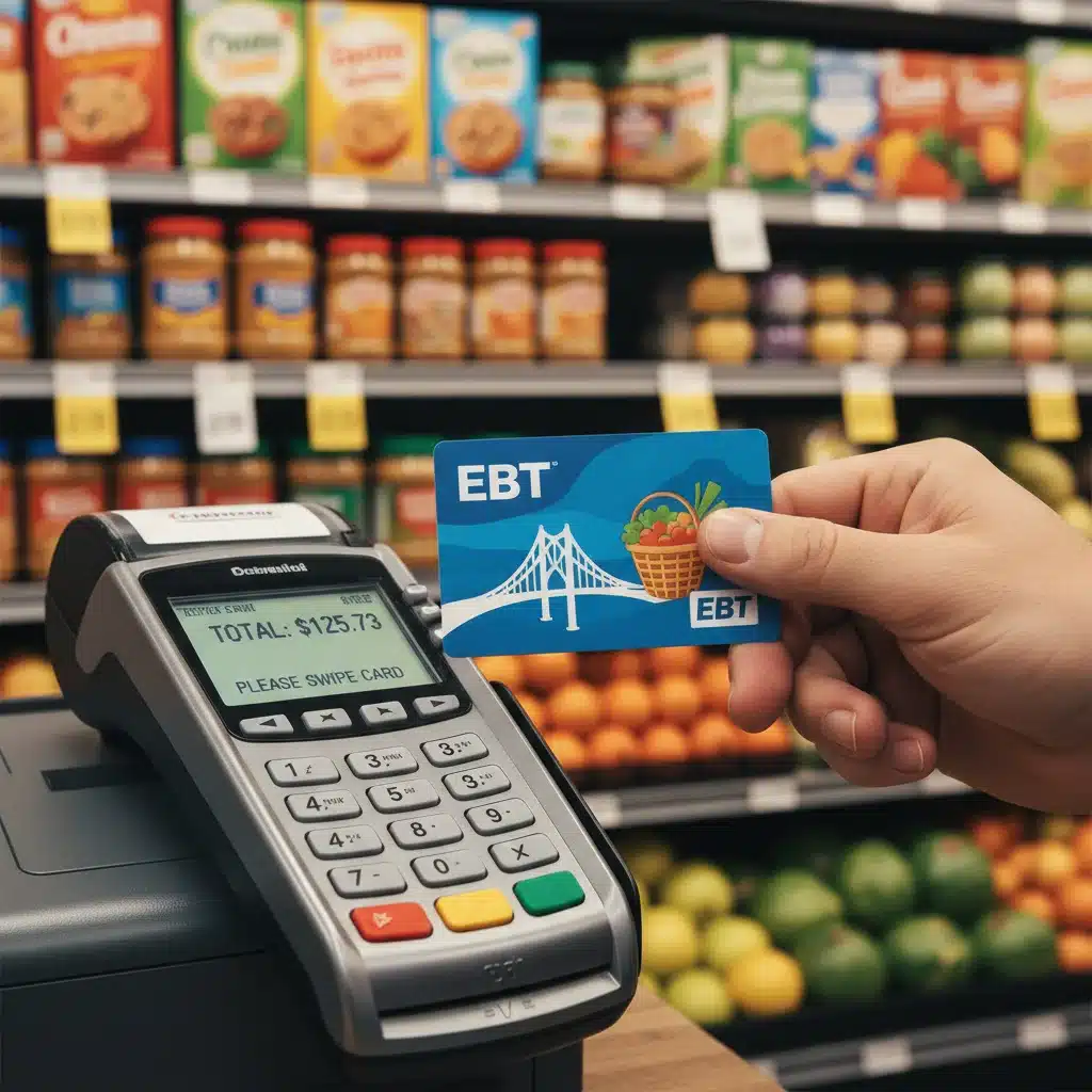 Person using an EBT card for food purchases.