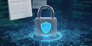 Illustration of data privacy regulations taking effect in 2027, with a digital lock and legal documents.