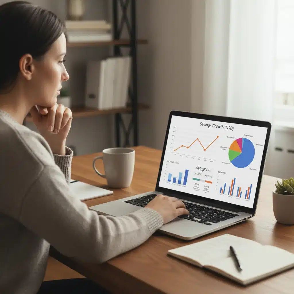 Person reviewing financial dashboard, managing savings and investments.