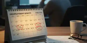 Calendar highlighting March 2026 with unemployment benefit documents and a pen, symbolizing important deadlines.