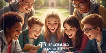 High school students excitedly discussing merit scholarship strategies for college.