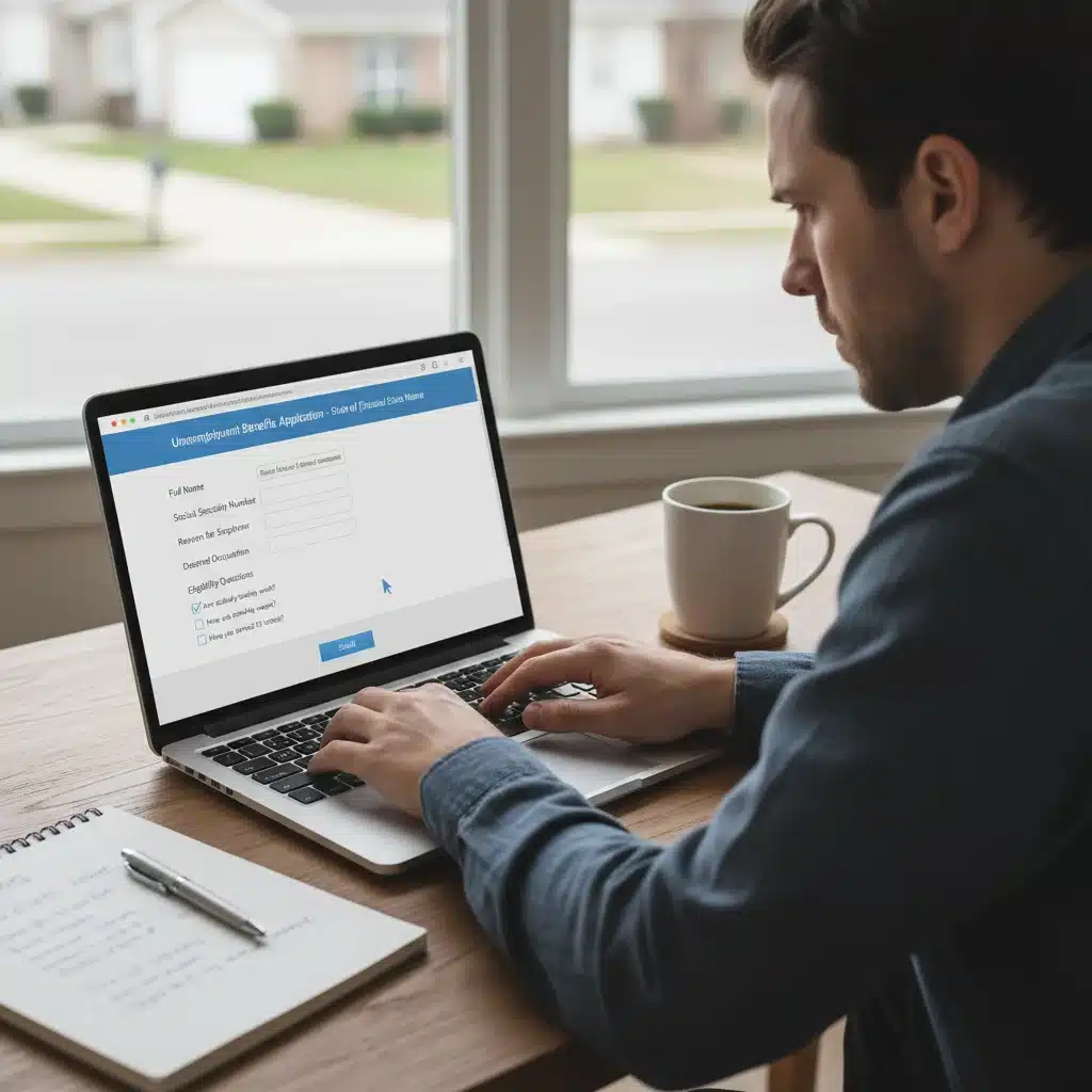 Person meticulously completing an online federal unemployment benefit application form on a laptop.