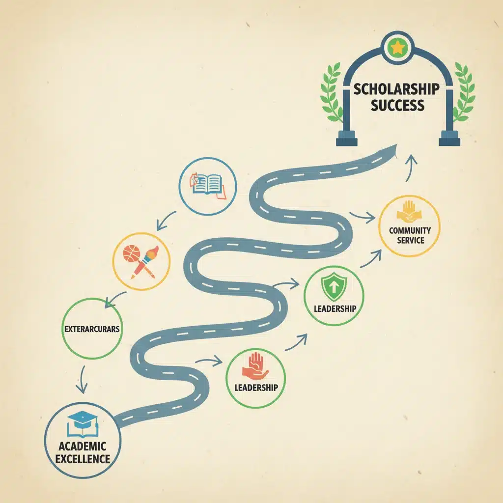 Roadmap illustrating key components for merit scholarship success.