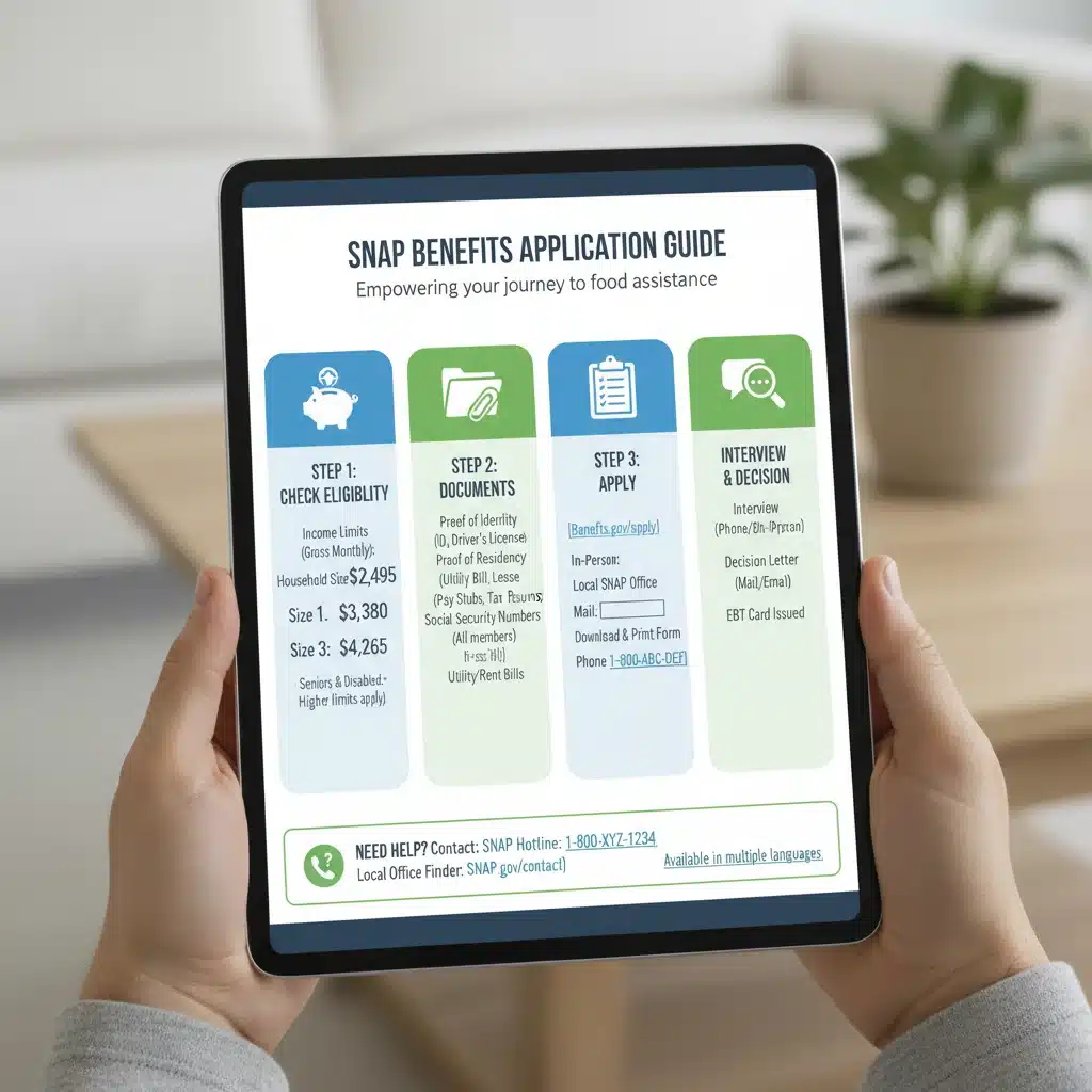 Infographic detailing SNAP application steps and eligibility.
