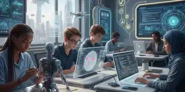 High school students collaborating on a robotics project in a modern STEM lab, showcasing future education.