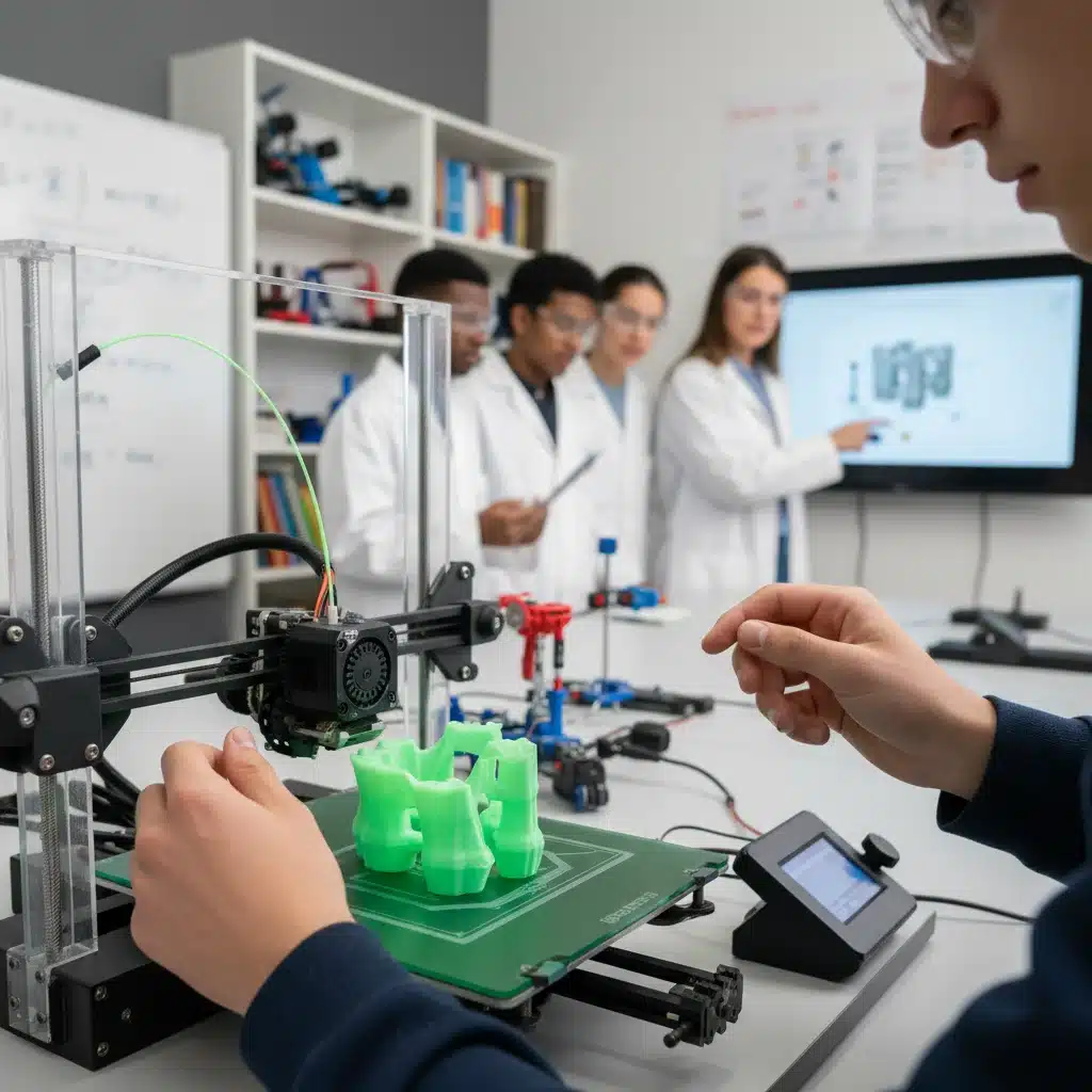 Student operating a 3D printer for a hands-on STEM project.