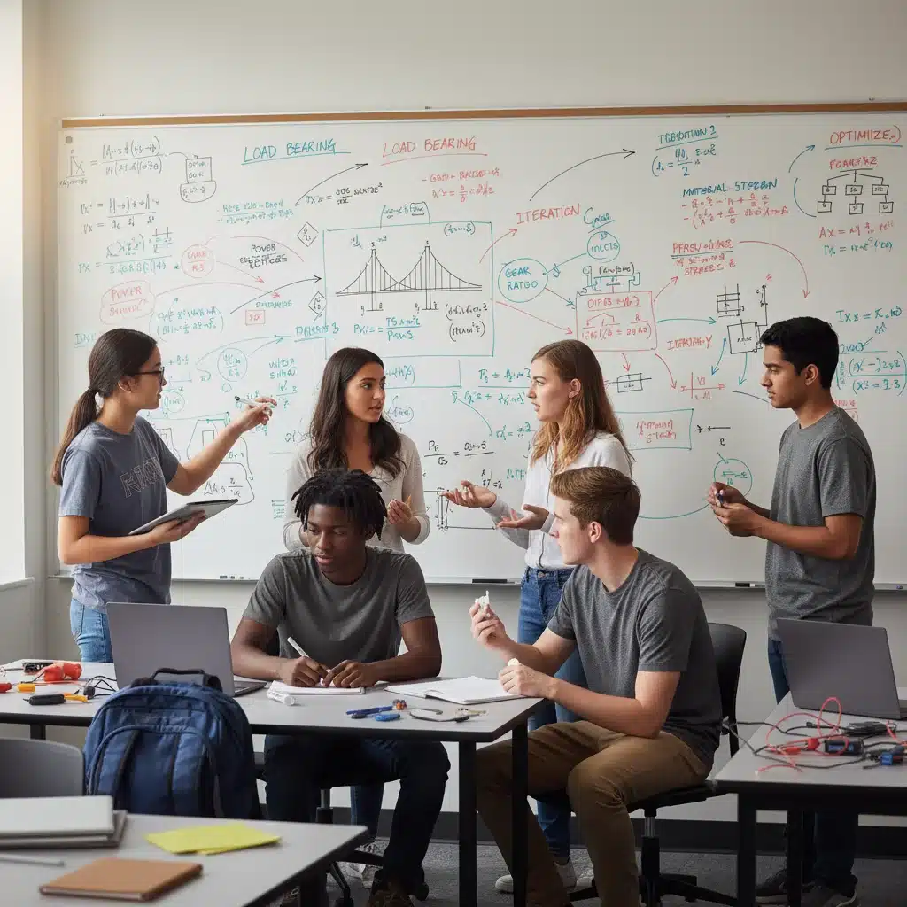 High school students collaboratively solving an engineering problem on a whiteboard.