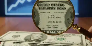 U.S. Treasury bonds and bills with magnifying glass, signifying detailed investment analysis.