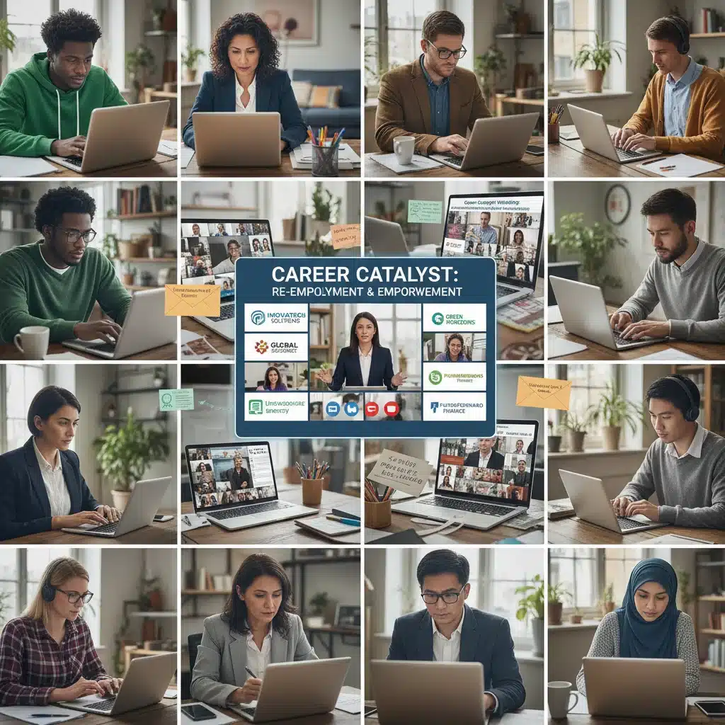 Diverse individuals participating in a virtual job fair, actively seeking re-employment opportunities.