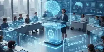 Students and professor engaging with AI in a modern university classroom