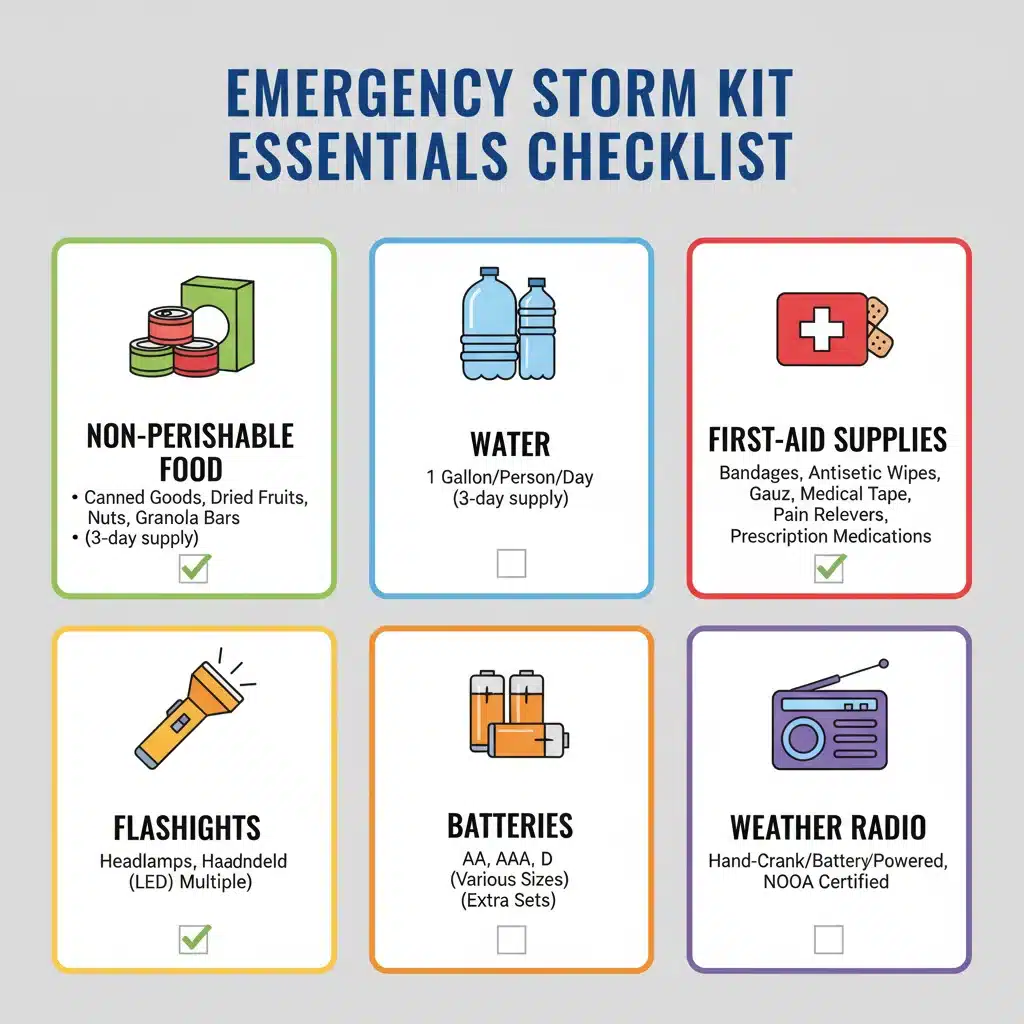 Emergency storm kit checklist infographic with essential supplies