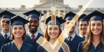 Graduates celebrating with a symbolic dollar sign representing student loan forgiveness.