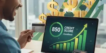 Person reviewing high credit score on laptop, symbolizing financial savings