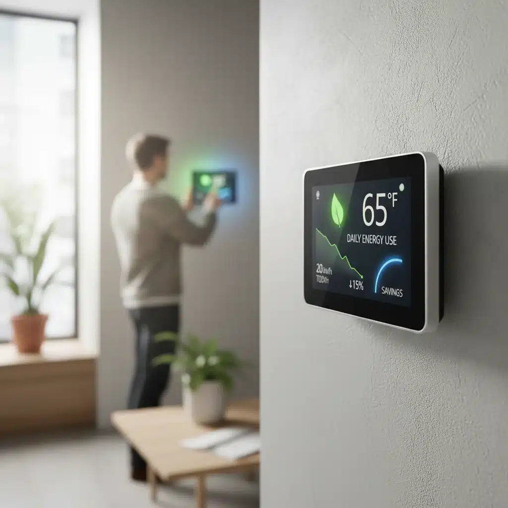 Smart thermostat showing energy usage with a person adjusting settings.