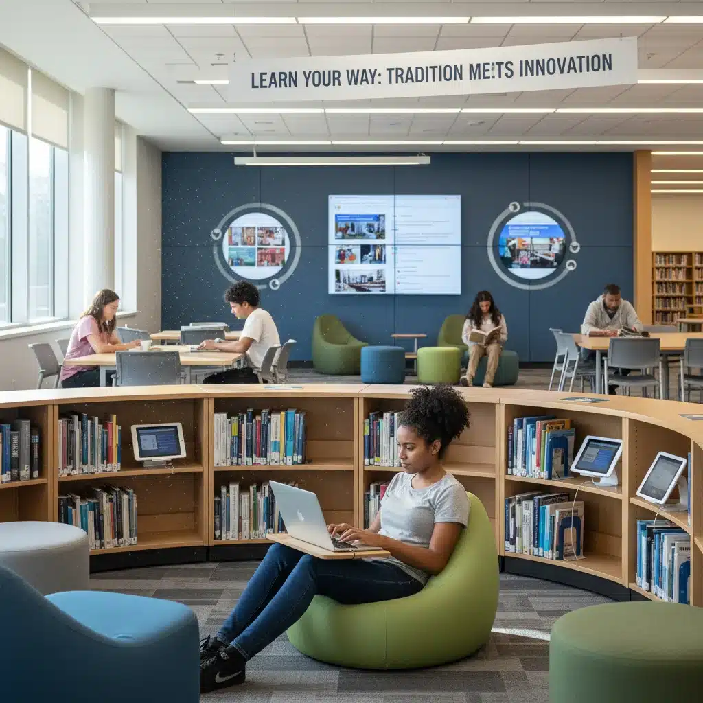 Student engaging in blended learning in a community college library.