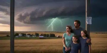 Supercell thunderstorm approaching Central US town, lightning in distance