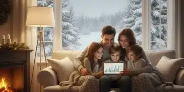 Family in a warm living room reviewing energy savings on a tablet during winter.