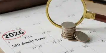 Social Security Disability Benefits 2026 COLA: What to Expect 2026 calendar with magnifying glass and coins, representing future Social Security COLA