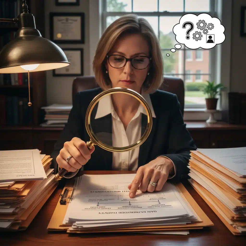 College admissions officer reviewing applications with test scores