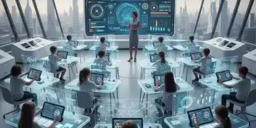 Students and teacher interacting with AI in a modern classroom setting