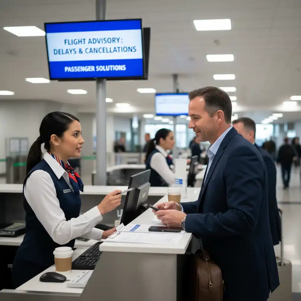 Airline agent assisting passenger with compensation and rebooking