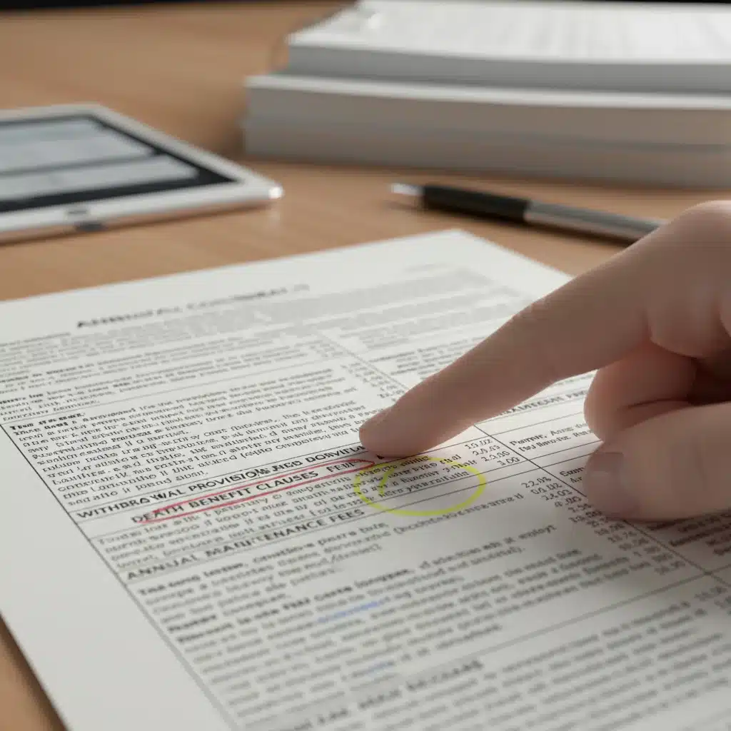 Hand pointing at annuity contract details