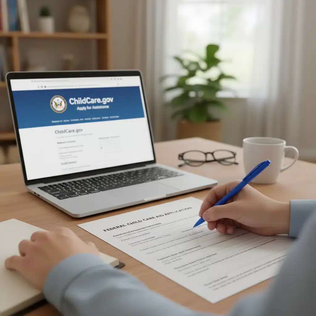 Hands filling out a federal child care subsidy application form online.