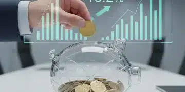 Hand putting coin into piggy bank with financial growth graphics