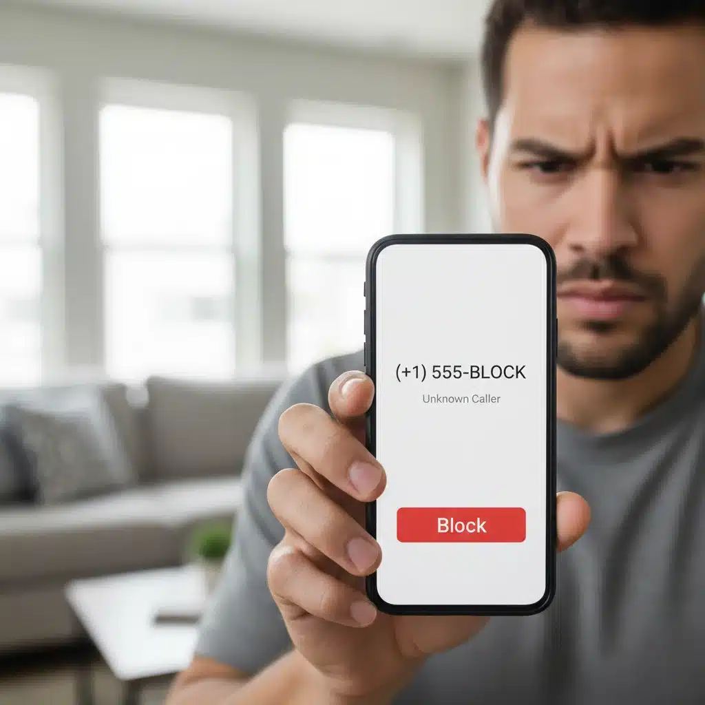 Person blocking an unknown telemarketing number on their phone