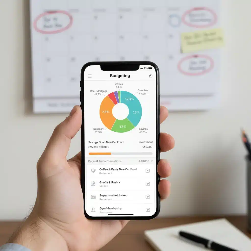 Smartphone displaying budgeting app with savings goals and calendar