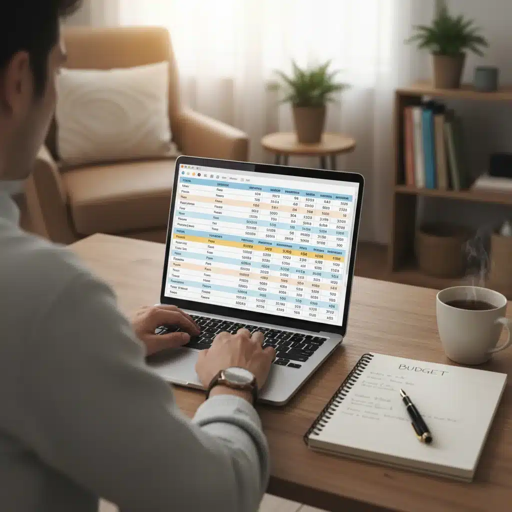 Person budgeting on a laptop, tracking income and expenses for an emergency fund.