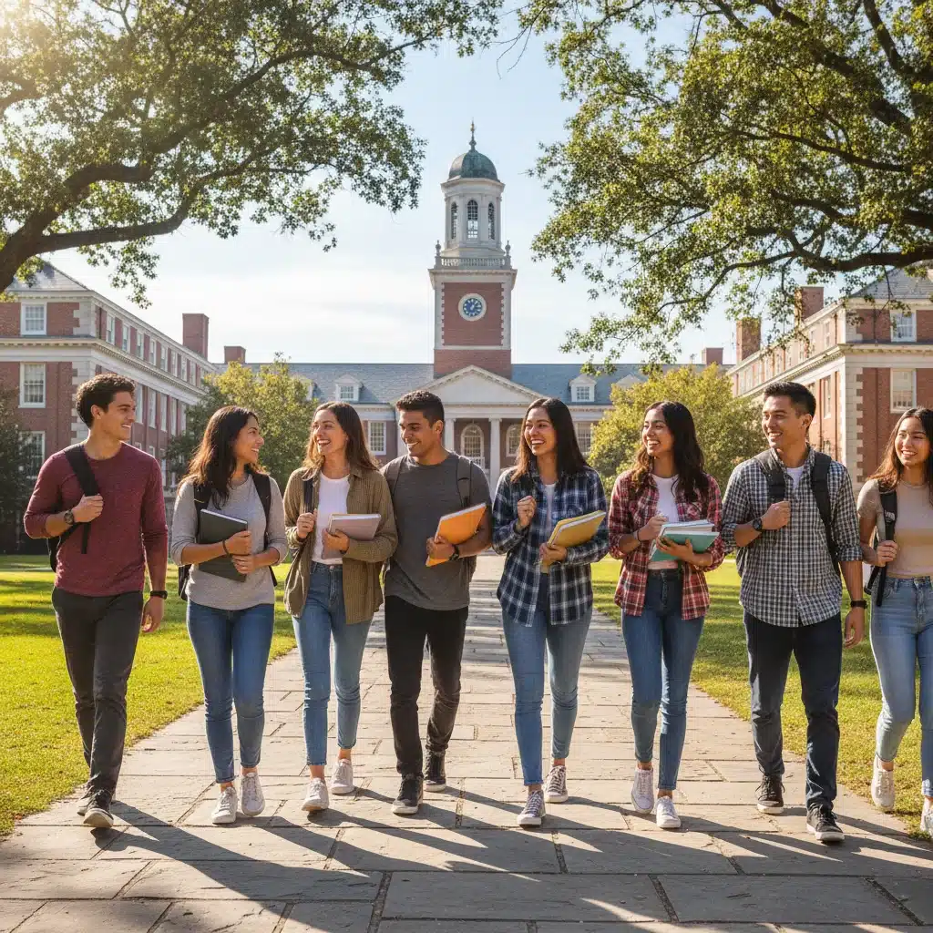 Diverse college students walking on a university campus