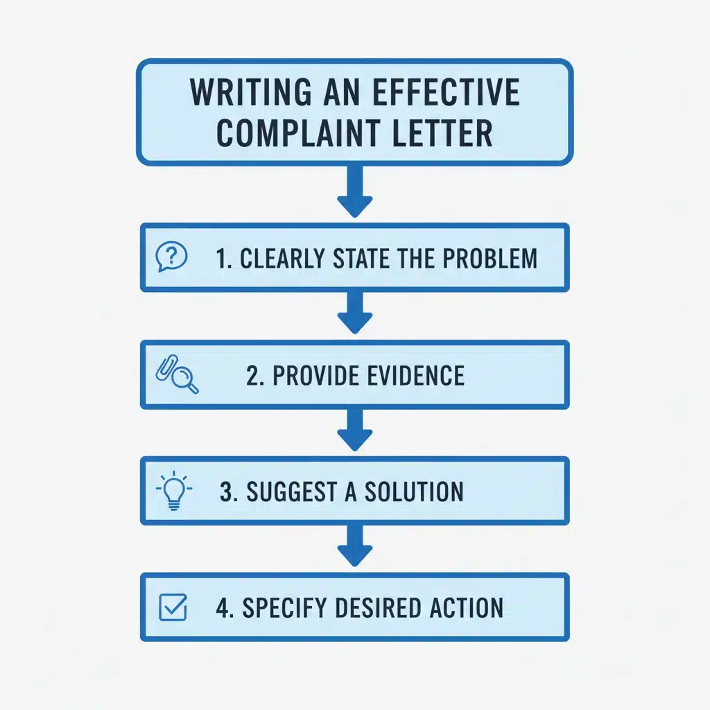 Flowchart detailing steps for an effective complaint letter
