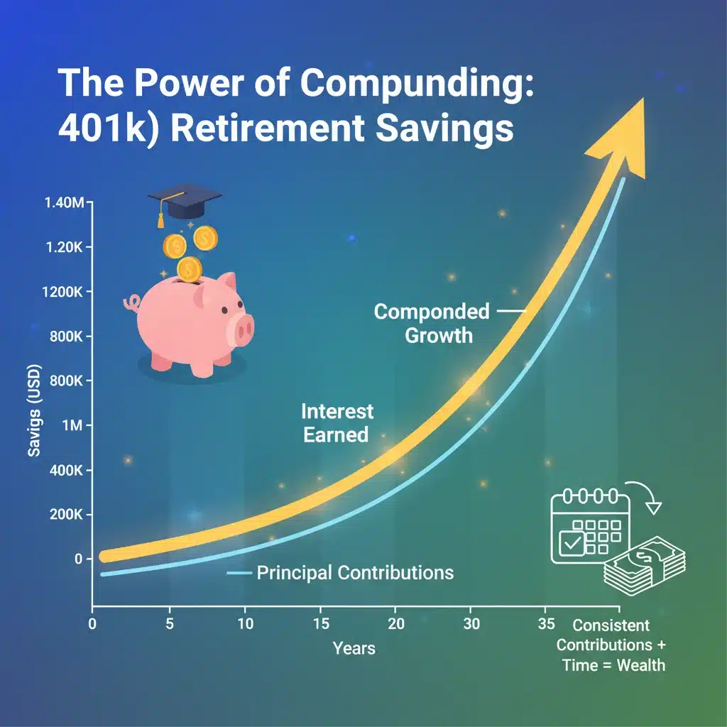 Graph illustrating compounding interest on 401k investments over years
