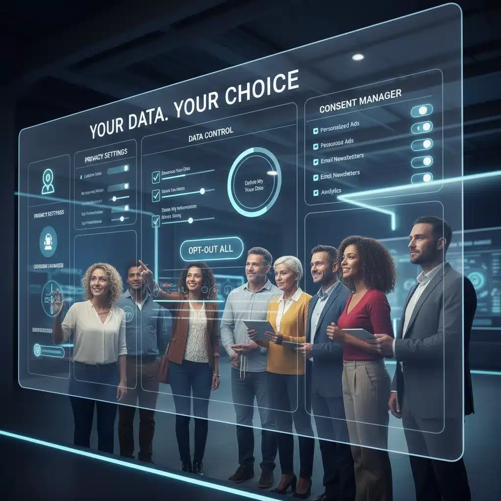 Diverse group viewing privacy settings, symbolizing consumer data control
