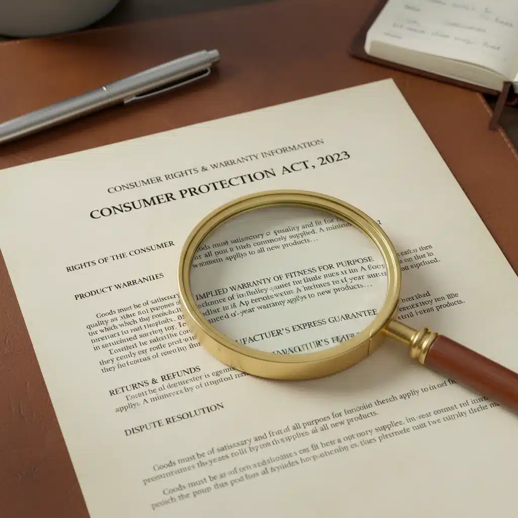 Consumer protection document with magnifying glass highlighting legal text