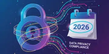 Digital lock icon with data streams and 2026 calendar, symbolizing future data privacy regulations