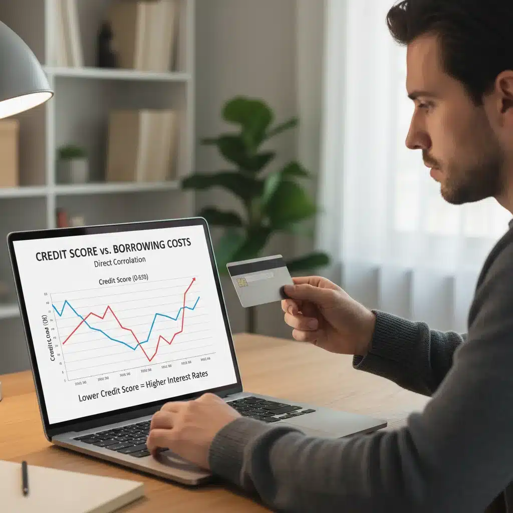 Person analyzing credit card and interest rate graph on laptop
