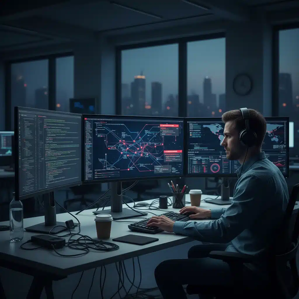 Cybersecurity analyst monitoring network security threats on multiple screens.