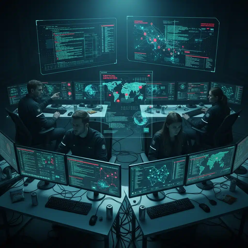 Cybersecurity team analyzing data breach in control room